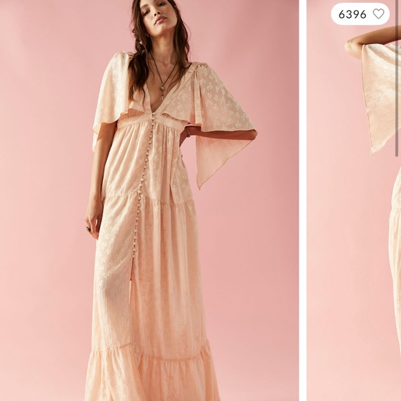 Free People Dresses & Skirts - RARE** Free People Pink Maxi Dress with Flutter Sleeves and V-Neck